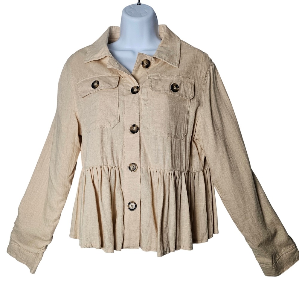 Cotton Linen‎ Peplum Utility Jacket L Beige Cottagecore Spring Capsule Lagenlook